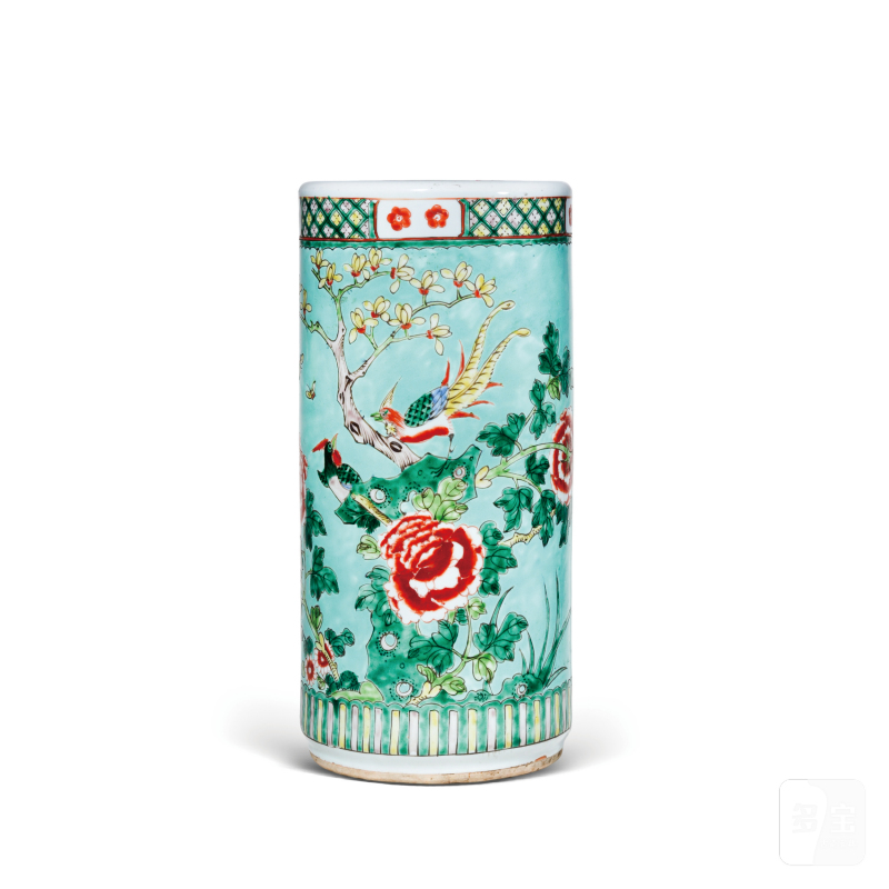 清晚期粉彩松石绿地富贵白头图大箭筒